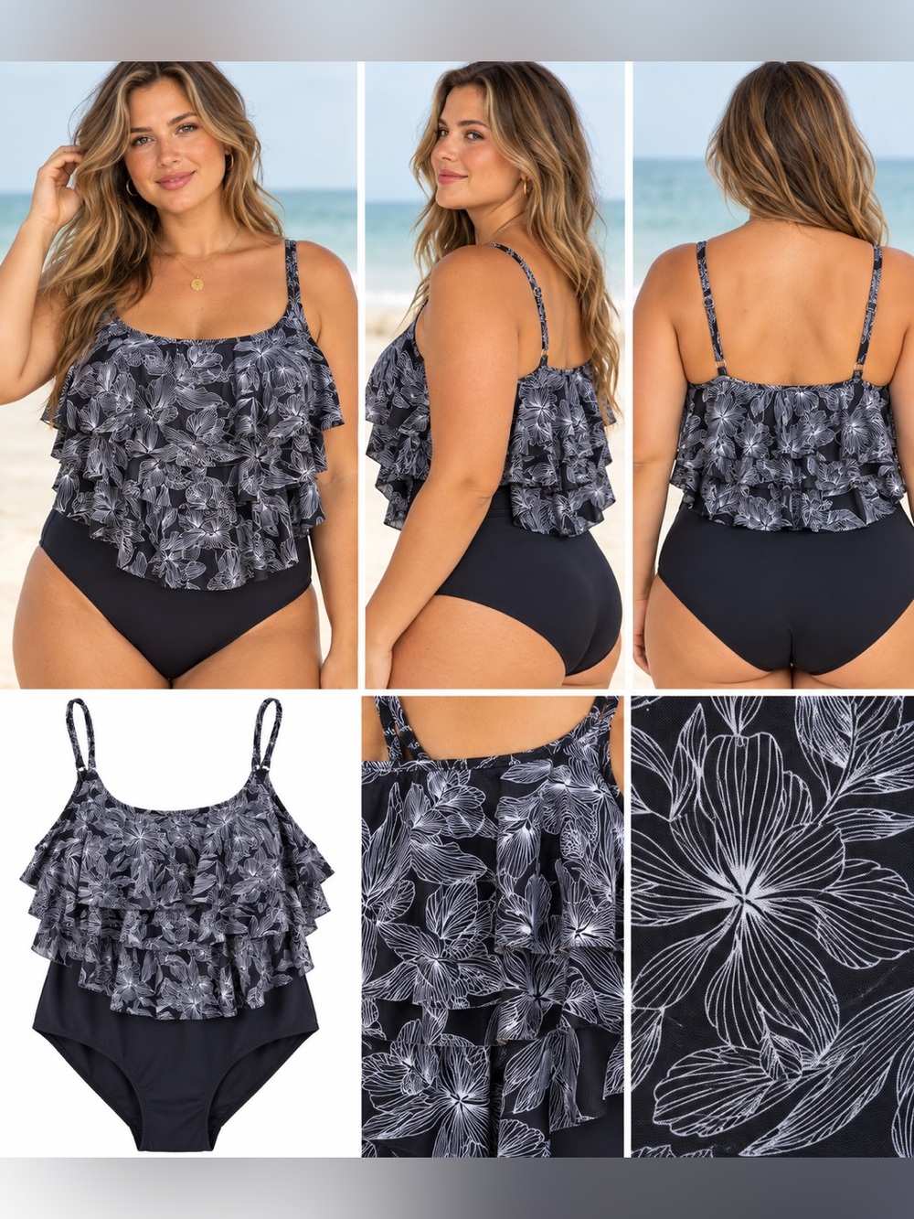 HEAT Swimwear Floral Ruffle One Piece Swimsuit Navy Black White 20W